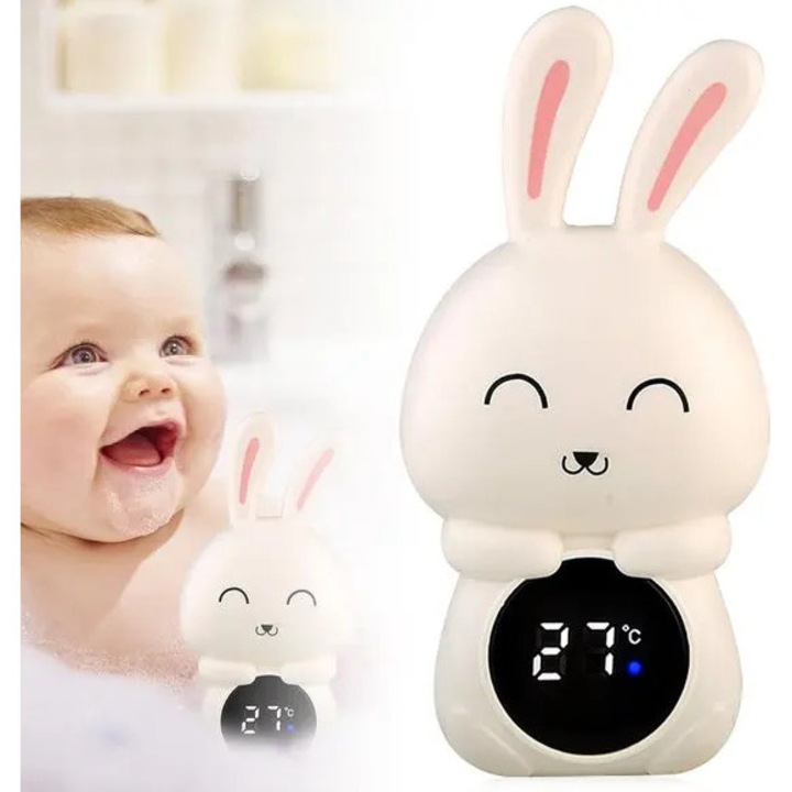 K0255-0810-CDCJ40507 baba fürdőhőmérő, nyuszi design, LED kijelző háromszínű indikátorral (kék/zöld/piros), teljesen vízálló, BPA-mentes, fehér, 145 x 75 x 40 mm