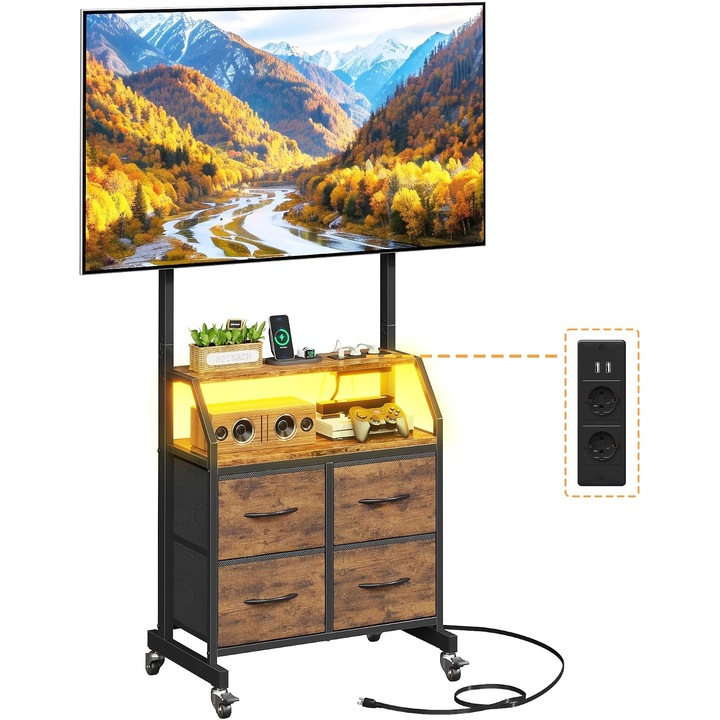 LED TV állvány, Kerekek, Fiókok, Beépített aljzat, Állítható magasság