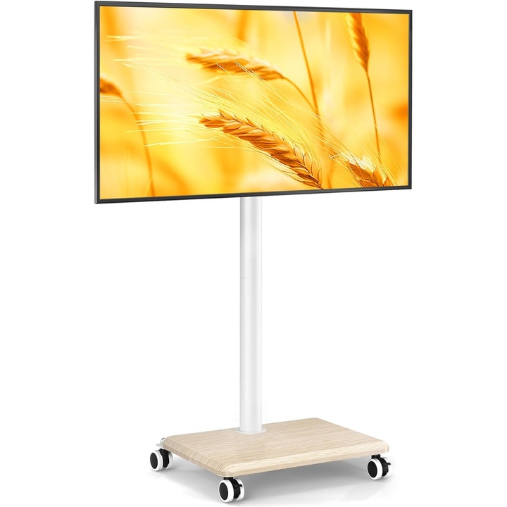 Suport TV Mobil cu Roti, Lemn, Reglabil pe Inaltime si Pivotant (Bej)