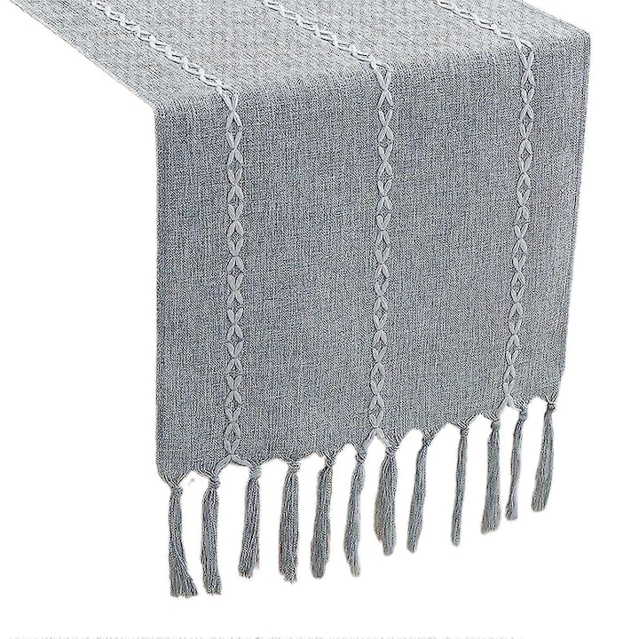 Emag-FU-K0548-26810-06325 asztali futó, pamut és len anyagból, rojtokkal és csíkos mintával, szürke, 30×140 / 30×183 / 30×220 cm