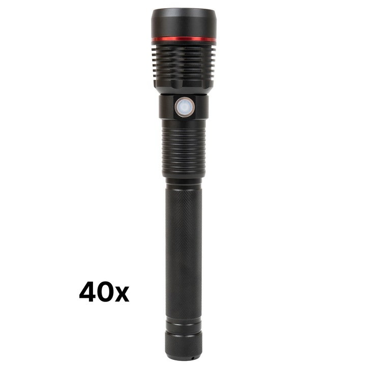 Кутия с 40 броя фенер PNI Adventure F450 от алуминий с фокус и функция BOOST, 20 W LED, 1500 lm до 450 m, IPX5, power bank с USB изход, зареждане през USB, включена батерия 4400 mAh, работи 10 часа непрекъснато