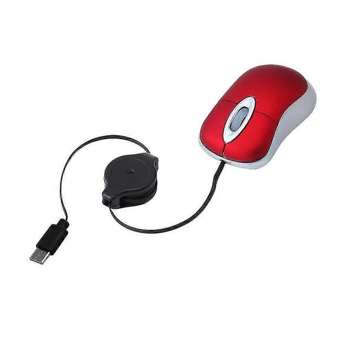 Мишка с прибиращ се кабел emag-FU-K0548-26810-03777, 1000 DPI, прибиращ се кабел 80 см, червен/сребрист, мини 7.5x4x2 см