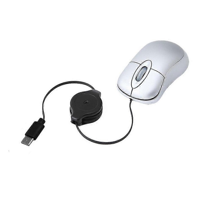 Мишка с прибиращ се кабел emag-FU-K0548-26810-03778, компактна, 1000 DPI, прибиращ се кабел 80 см, USB-C, бял/черен, прибл. 7.5 x 4 x 2 см