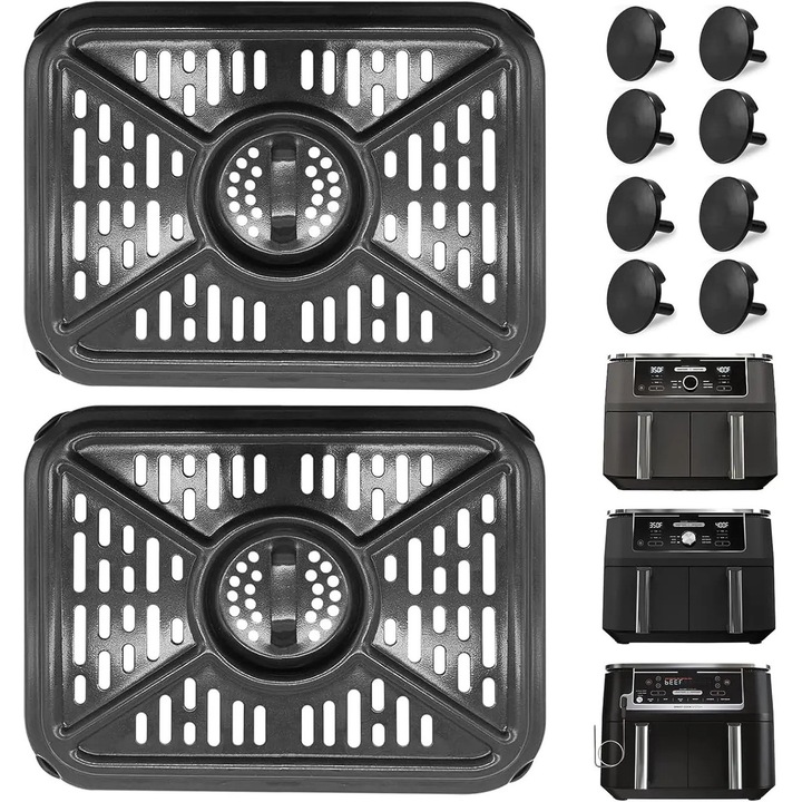 Tava pentru air fryer K0255-0810-CDCJ45030, 2 tálcás készlet egyedi légkeringtető kialakítással, tapadásmentes Teflon bevonat, fekete, 10 cserélhető fedéllel