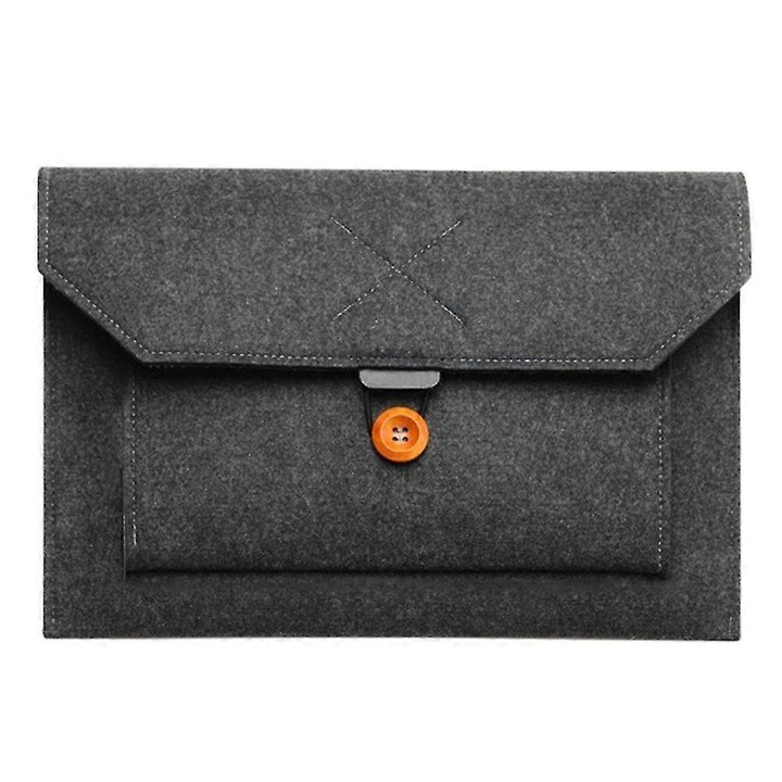 Husa pentru laptop din fetru cu buzunar frontal si inchidere cu buton, negru, 15 inch