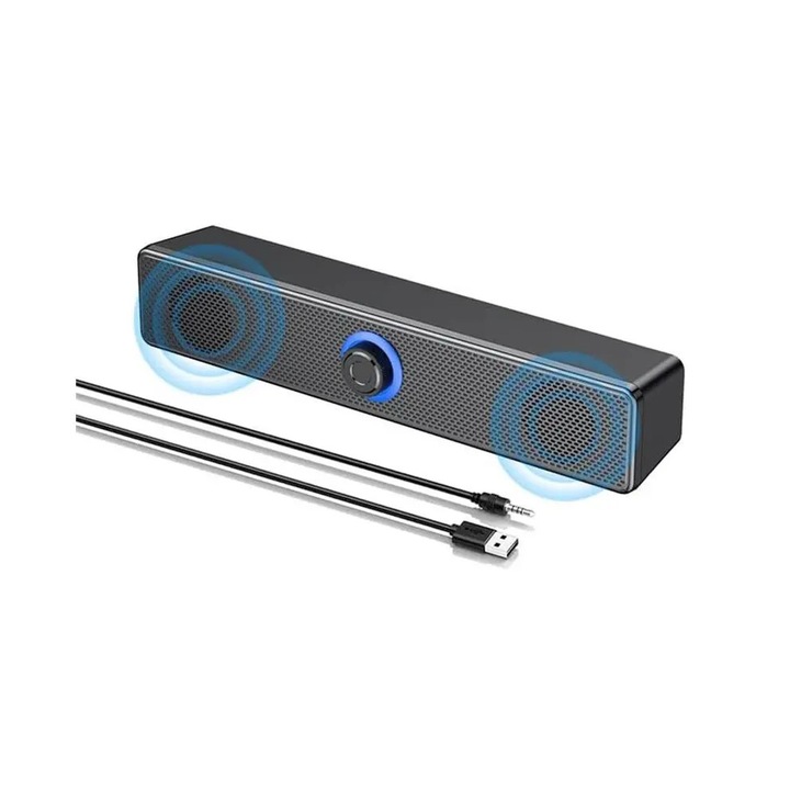 Soundbar portabil model K0255-0810-CDCJ46236, alimentare USB, intrare AUX 3.5 mm, reglaj volum prin buton (on/off), doua difuzoare si subwoofer, negru, 33 x 6 x 5.5 cm