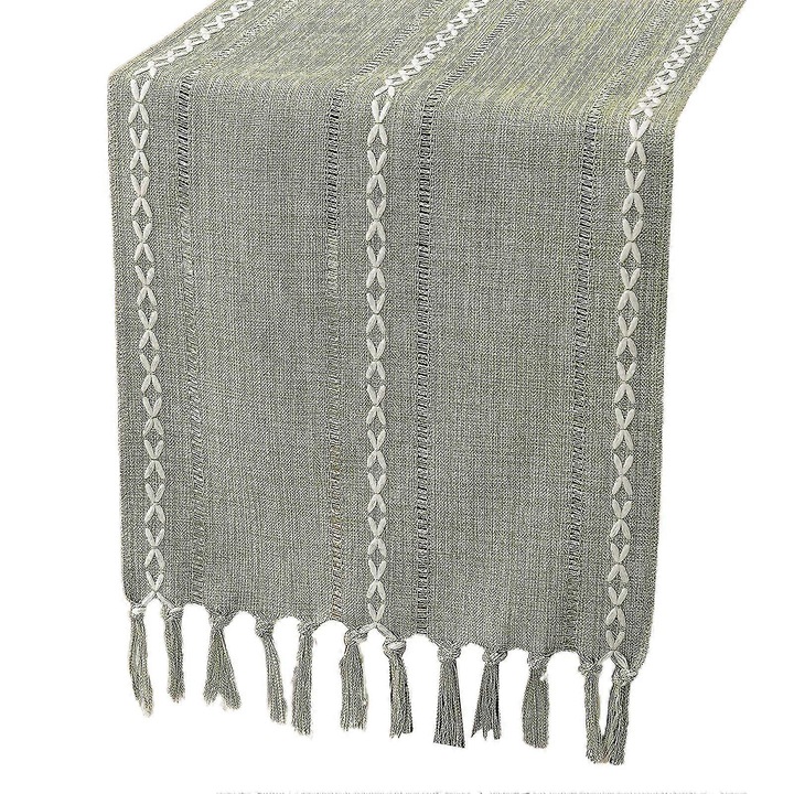 Pamut és lenvászon asztali futó bojtos és csíkos mintával, világosszürke, 30x140/30x183/30x220 cm