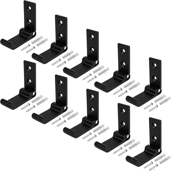 Set de 10 carlige de perete pliabile din aliaj de aluminiu, de mare rezistenta, negru, 75 x 66.5 mm, cu suruburi si dibluri