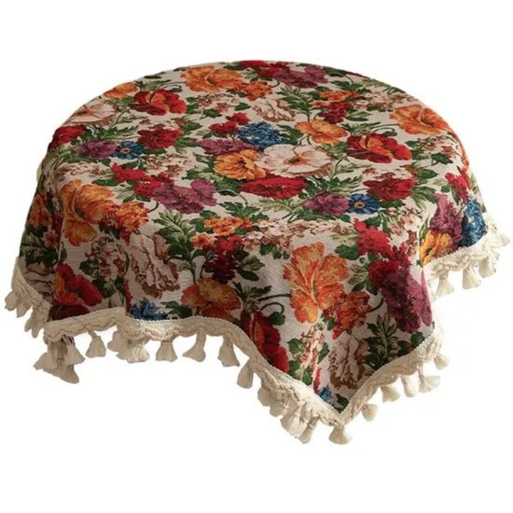 K0255-0810-CDCJ45444 asztalterítő, retro virágmintával és rojtokkal, többszínű, 140 x 140 cm