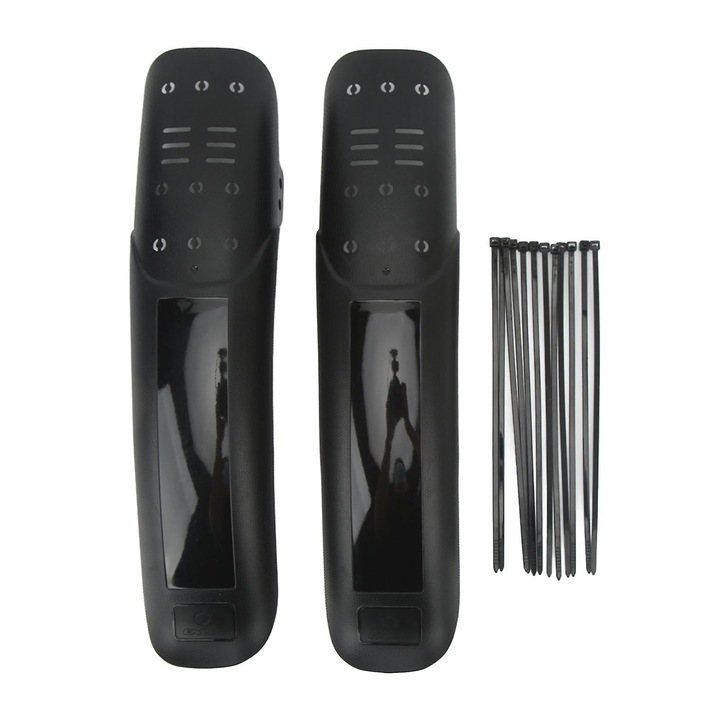 Set aparatori noroi pentru bicicleta montana din plastic dur, compatibile 26/27.5/29 inch, pentru furci 68–75 mm, negru, 2 buc. + 12 coliere