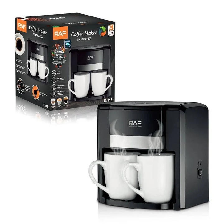 Mini Cafetiera Electrica, 600W, 2 Cani din Sticla, Filtru Reutilizabil, Design Compact