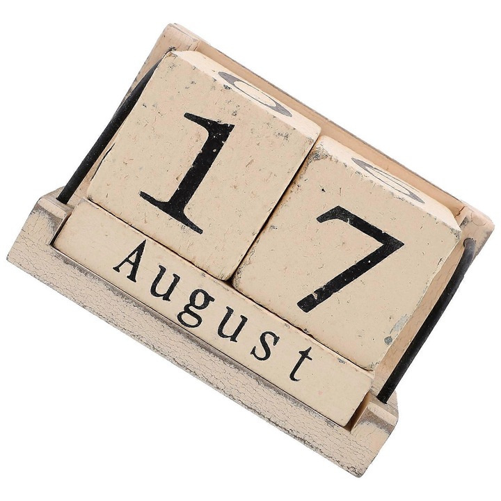 Calendar de birou perpetual din lemn cu blocuri rotative, bej, 11 x 5.5 x 7 cm
