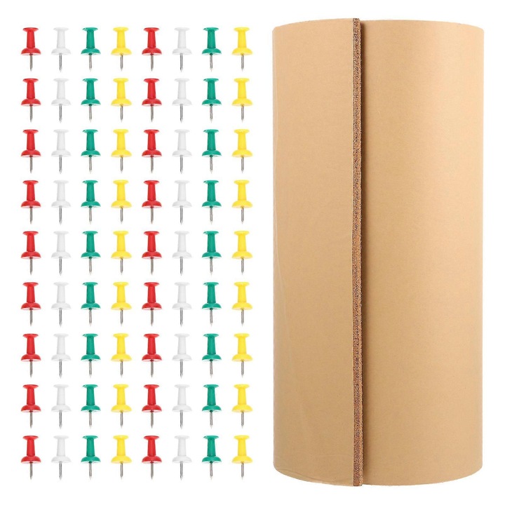 Panou de pluta autocolant in rola 125 x 40,5 x 0,8 cm, culoare naturala, cu pioneze colorate (2 cutii)