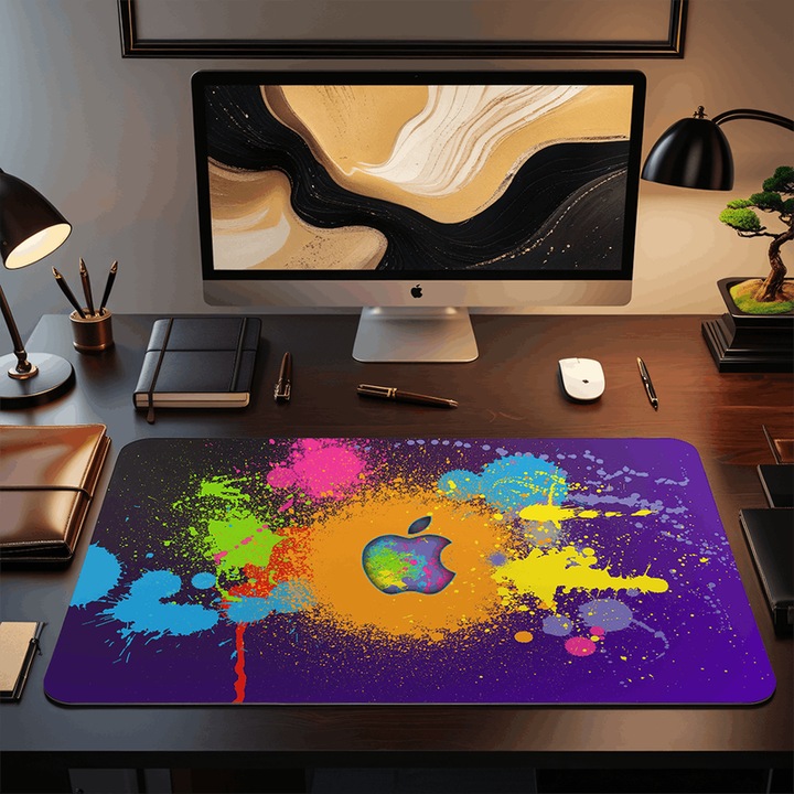 Mousepad Deskmat Gaming Apple logo burst paint brush 800x400x4 mm rezistent la apa margini drepte cusute Oktane