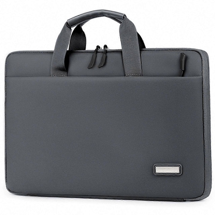 Husa pentru laptop din material hidrofug, slim cu deschidere 180°, maner si buzunar frontal, gri inchis, 13–13,3 inch