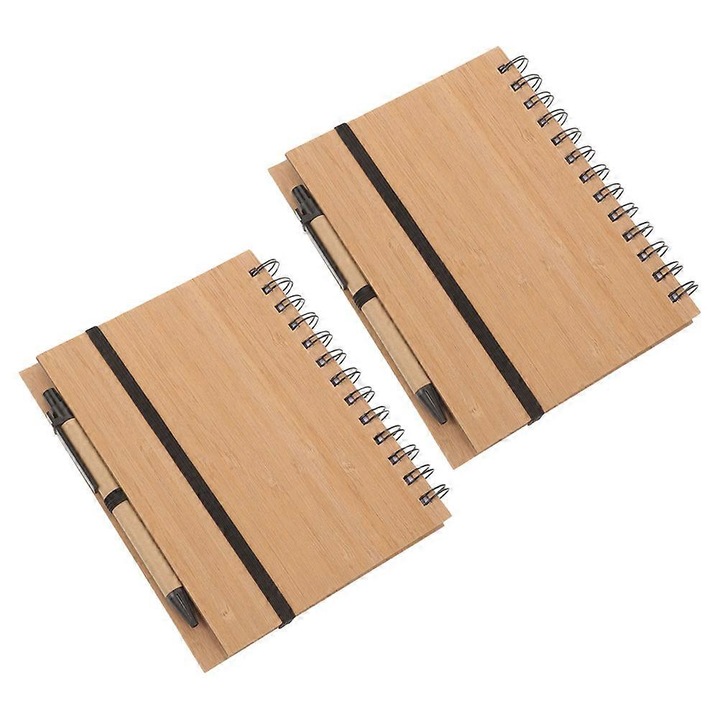 Set 2 caiete spiralate cu coperta din bambus, cu elastic si pix, maro natural, 18 x 14 x 1.5 cm