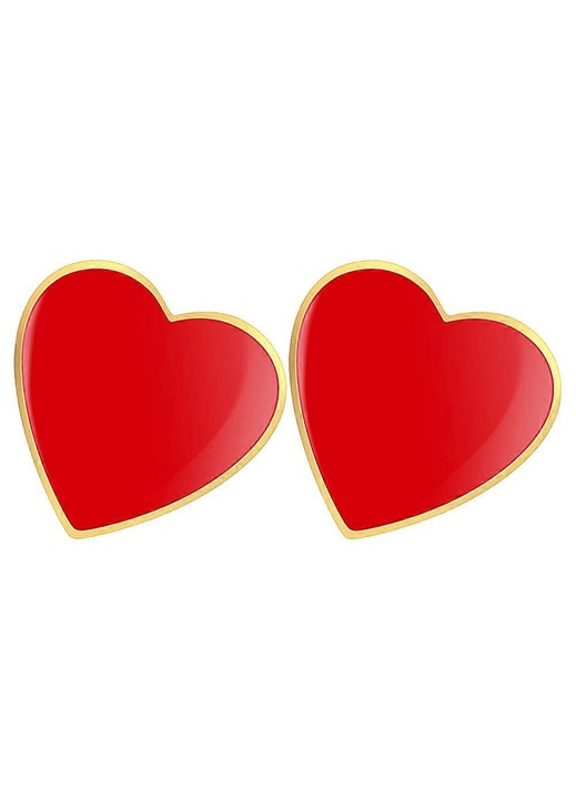 Brosa, ace de rever din aliaj cu email, inima rosie cu margine aurie, set 2, 1.5 x 1.4 x 0.9 cm
