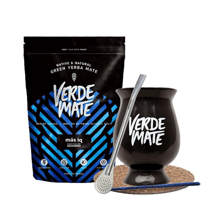 Set Ceai Yerba Mate, Verde Mate, Mas IQ, Brazilia, Cana Ceramica Copa Negru, 330 ml, Bombilla Mercedes Inox, Suport Pluta, Perie Curatare, Calitate Superioara, Aroma Intensa, Frunze Selectate, Selectie Premium, 500 g