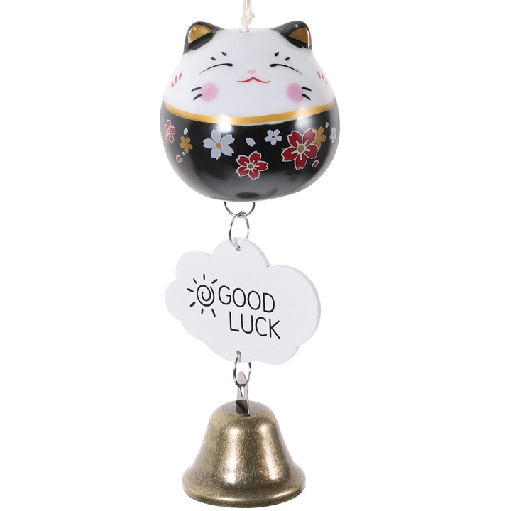 Clopotel de vant ZYBLSSBB LSM2xh3331-BCS0123815, pisica Maneki-neko din ceramica cu clopotel si pandantiv Good Luck, negru/alb, 27 x 7 x 6 cm