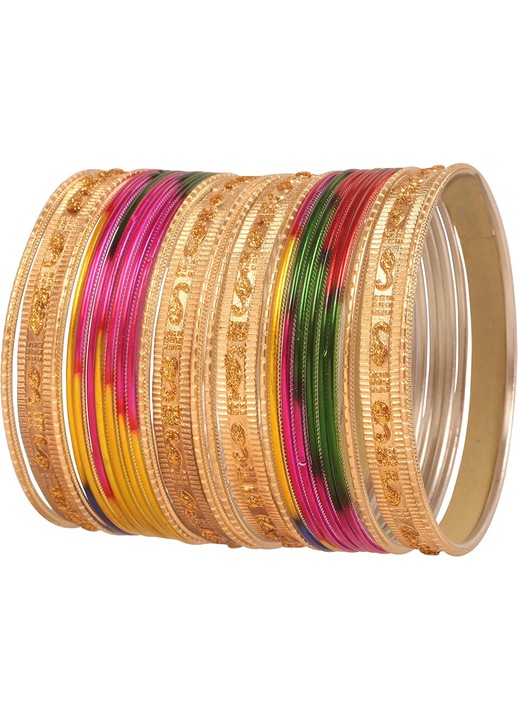 Set 24 brățări aurii glitter Bollywood, texturi multicolore, diametru interior 6cm