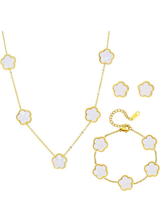 Set Bijuterii Trifoi, aur roz 18K, colier, cercei, bratara, hipoalergenice