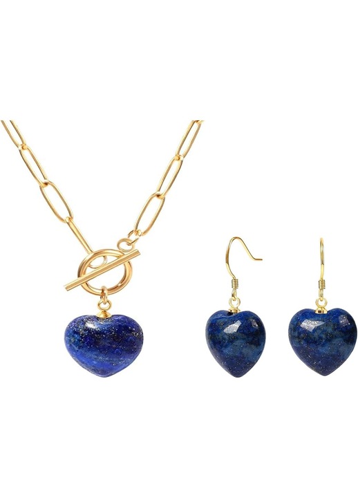 Set Bijuterii Inima, Argint Placat Aur 18K, Piatra Naturala, Cercei si Colier, 15x15mm