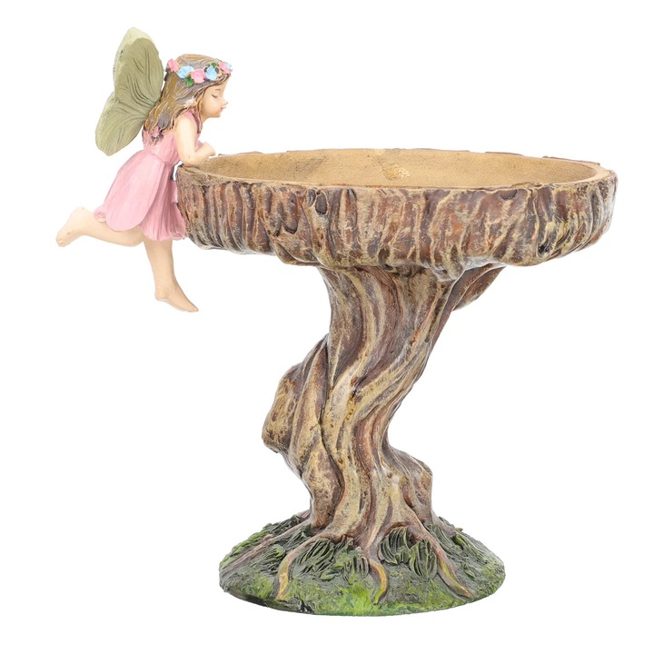 Hranitor pentru pasari ZYBLSSBB LSM2xh7010-BCS0178481, din rasina, decor zana pe trunchi, multicolor, 13 x 12 x 10 cm