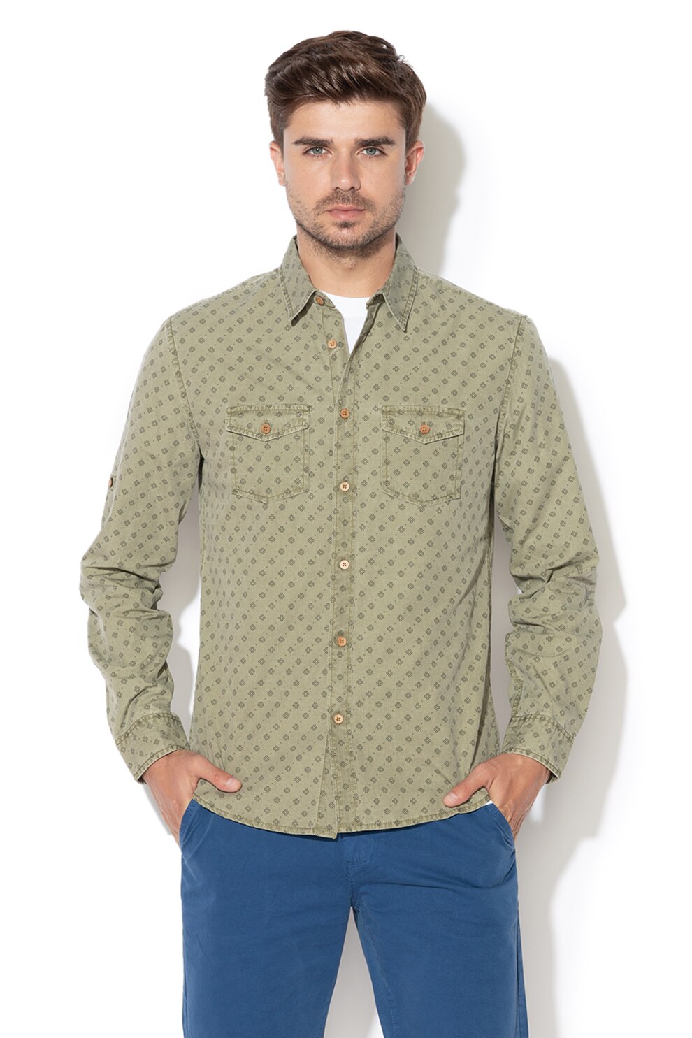 DESIGUAL, Camasa cu buline si buzunare pe piept Nicholas, Verde sparanghel, S