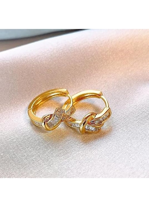 Cercei tip hoop din aur 14K, design nod cu zirconii, auriu