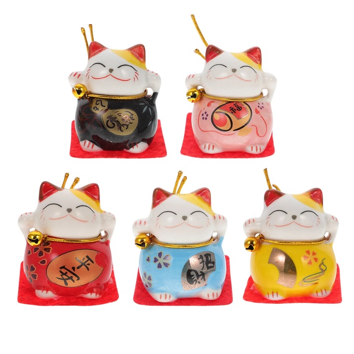 Set de 5 figurina pisica norocoasa Maneki Neko ZYBLSSBB LSM2xh6050-BCS0118220, din portelan, multicolor, 4.5 x 4 x 3.5 cm