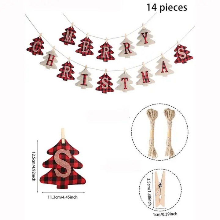 Karácsonyi füzér „Merry Christmas” feliratú zászlókkal, kenderzsinórral, piros-fekete és bézs fenyőfa elemekkel, Többszínű, 14 darab, 12,5 x 11,3 cm