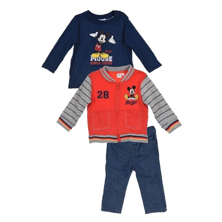 Set bebe Mickey Mouse cu hanorac, bluza si pantaloni, Portocaliu/Bleumarin