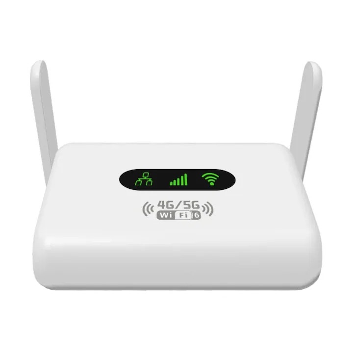 4G/5G hordozható router CJ-EM-K0204-20260817-23, Wi-Fi 6, SIM foglalat, 2 külső antenna, fehér