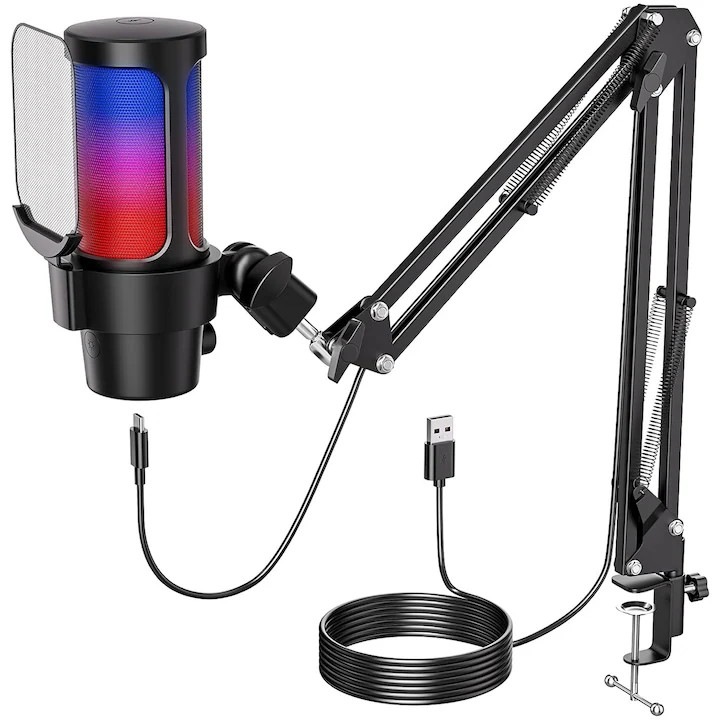 Microfon condenser USB CJ-EM-K0238-260807-004, cardioid pentru streaming, brat articulat si suport de masa, filtru pop, iluminare RGB, cablu USB-C/USB-A, negru, compatibil Windows/Mac/PS4/PS5