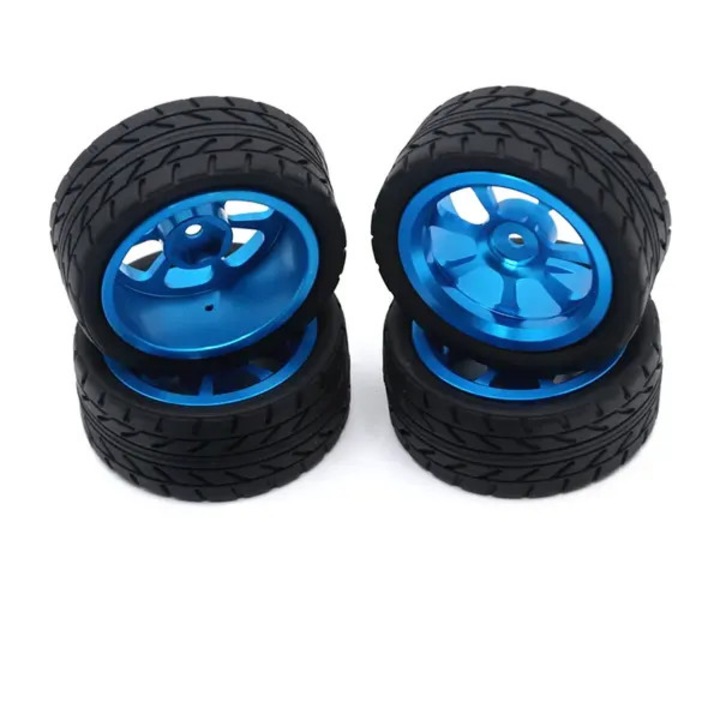 4 db kerékszett RC autóhoz, kompatibilis Wltoys 144001/144002/124016/124017/124018/124019/A959 modellekkel, 65 mm-es fém felni magas tapadású gumiabronccsal, kék, szélesség 27 mm, hex 12 mm, IZO-CJ-K0497-260808-1880