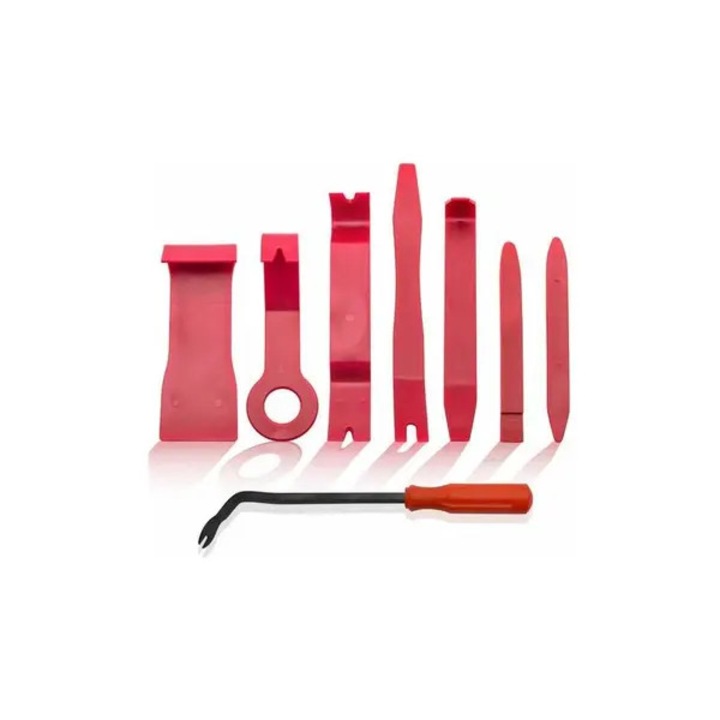 Set de 8 unelte pentru demontare garnituri si panouri auto IZO-CJ-K0497-260810-157, din fibra de nylon, include levier metalic cu maner, Multicolor