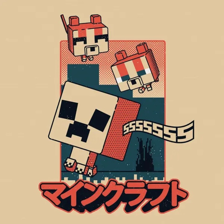 Tablou pe panza Minecraft Creeper si pisici, imprimat, oficial licentiat, bej/multicolor, 30 x 30 cm