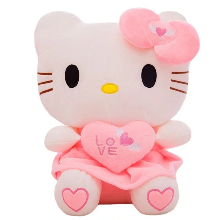 Carmdering Hello Kitty plüssjáték, bársonyos plüss szívvel, fehér/rózsaszín, 50 cm