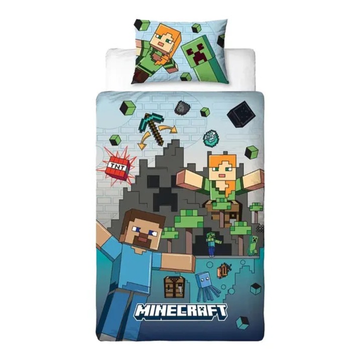 Set husa de pilota Minecraft Levels UTAG4013, bumbac/poliester, imprimeu cu personaje licentiat, multicolor, 200 x 135 cm (single)