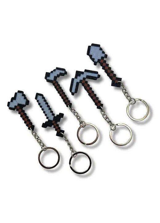 Breloc Minecraft, set 5 bucati, unelte pixelate din PLA, maro/gri, lant aprox. 5,5 cm
