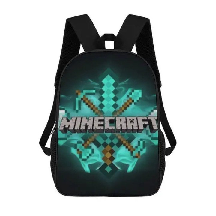 Rucsac din poliester 600D cu imprimeu Minecraft, compartiment pentru laptop 15", bretele reglabile, negru/turcoaz