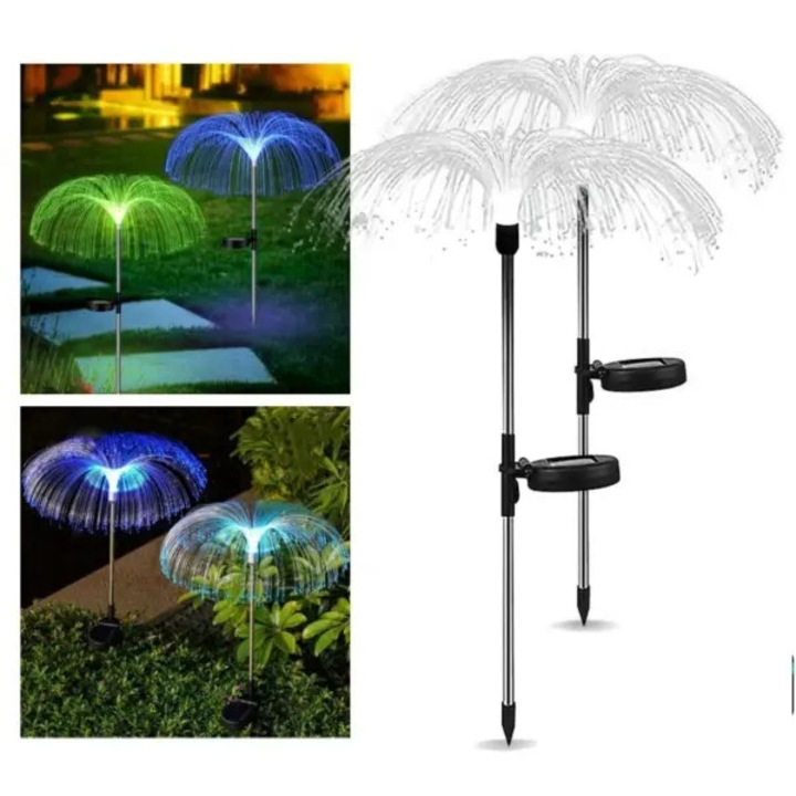 Lampa solara de gradina 31CJ-K0274-260810-4802 cu fibra optica tip meduza, alb cald si RGB (7 culori), IP65, teapa inox, negru, set 2, inaltime 81 cm