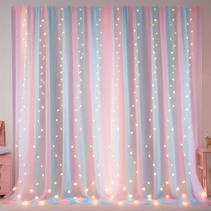 Perdele voal transparente curcubeu, set 2, 150 x 213 cm per panel, multicolor pastel