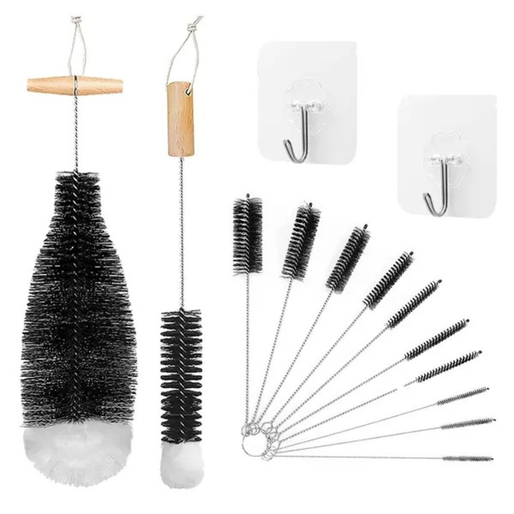 Set 12 perii pentru sticle, perii pentru biberoane si sticle soda, nylon + otel inoxidabil + bumbac, negru, include 2 carlige, cod 31CJ-K0274-260810-4395