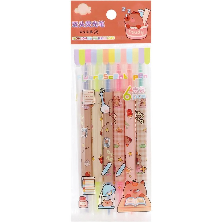 Evidentiator dublu-tip cu design capybara, culori pastel, multicolor, 6 buc.