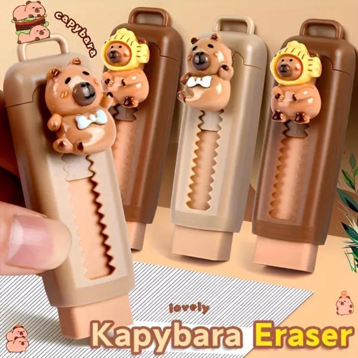 Radiera retractabila Capybara din plastic, cu capac, multicolor