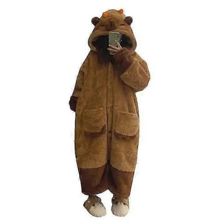 Onesie pijama din fleece model capybara cu gluga, urechi si fermoar, maro, marime unica