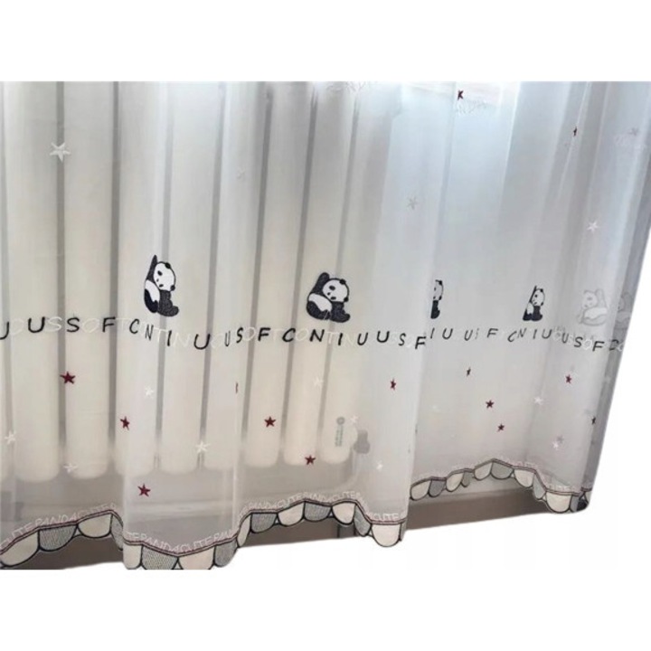 Perdea tulle pentru copii QQB-OOFFTMMOO33, bumbac/poliester/tull, imprimeu panda, alb, 150 x 260 cm, cu inele sus