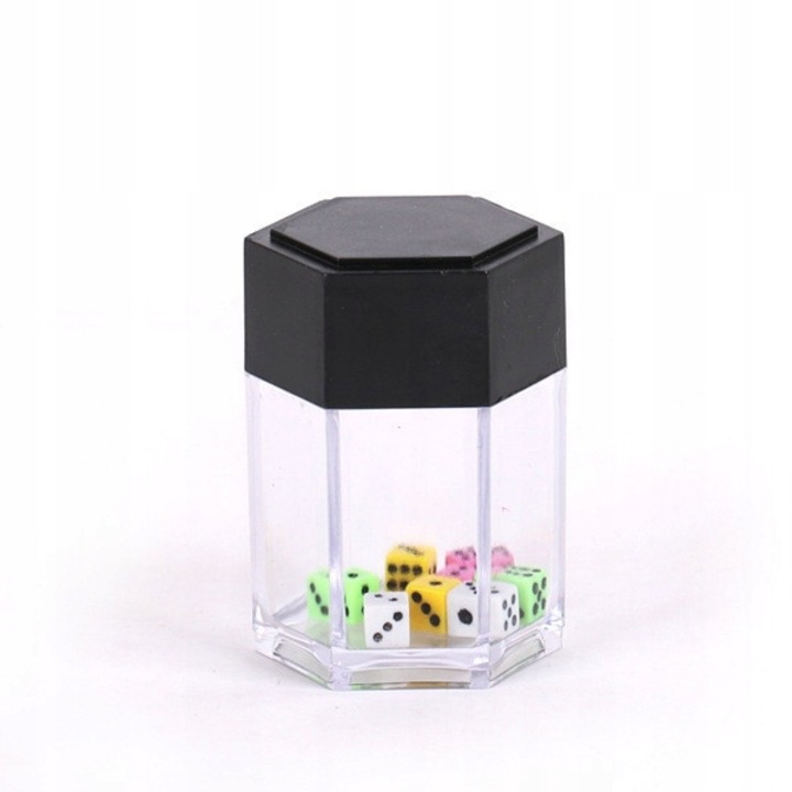 Set de zaruri colorate in cutie hexagonala EM-EEMMS66, transparent/negru, 8 zaruri, 7.5 x 5 x 5 cm