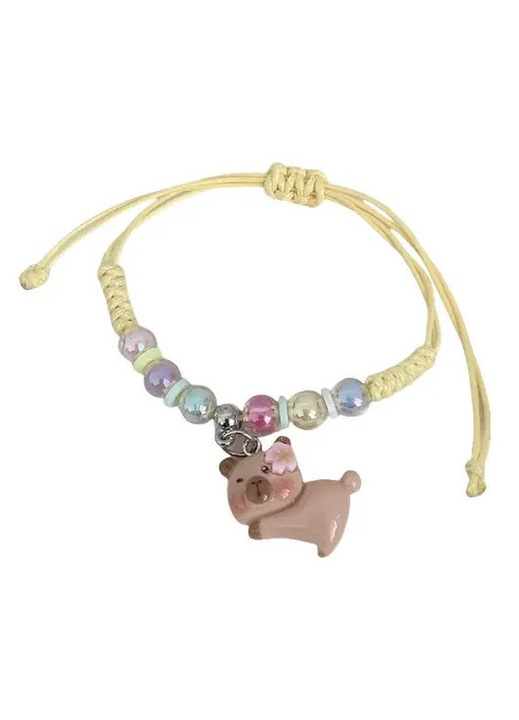Bratara copii din plastic cu snur textil, pandantiv capybara desen animat si margele macaroni, multicolor, reglabil (≈6x9 cm)
